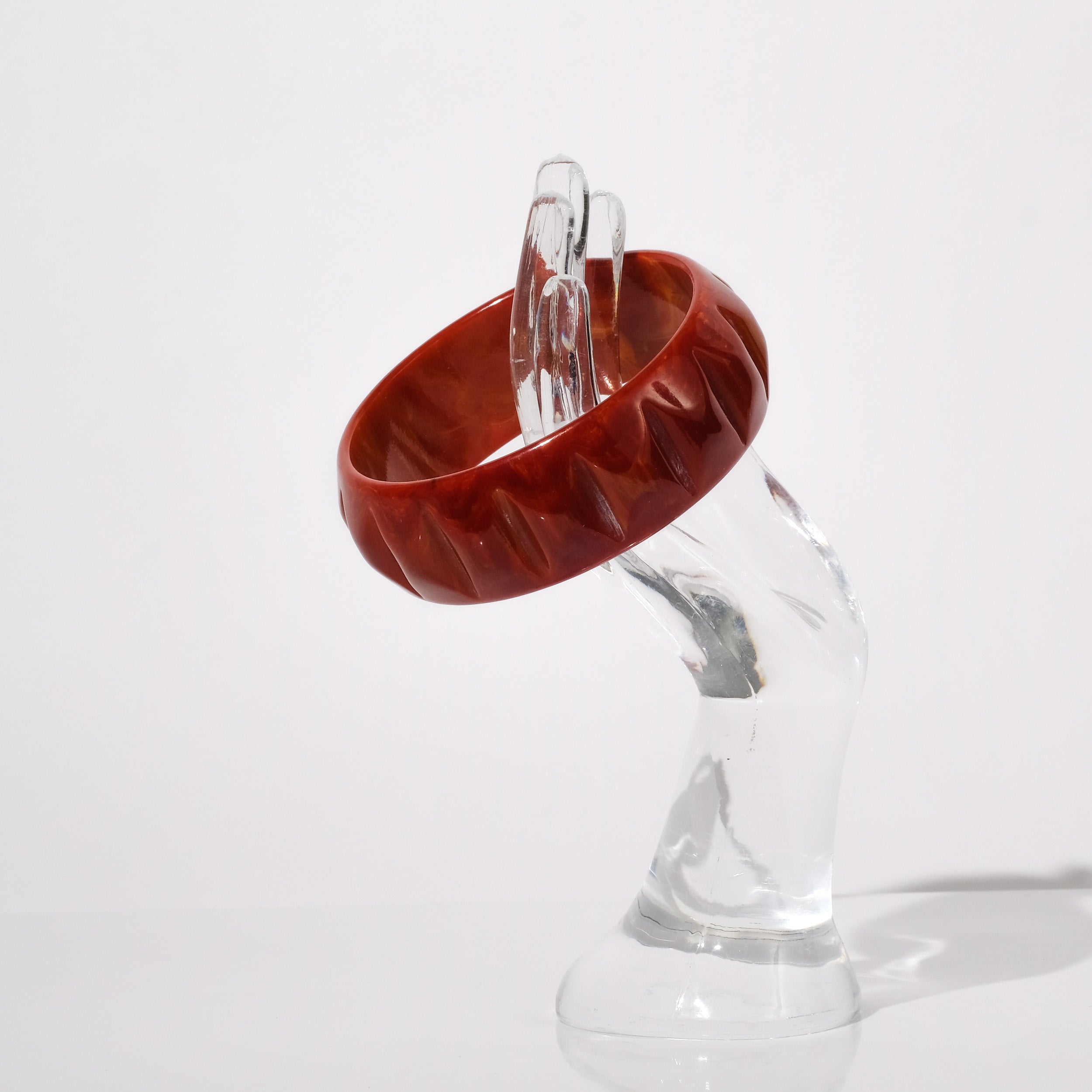 Vintage Carved Bakelite Bangle Bracelet — Reddish Orange | circa 1940s–1950s