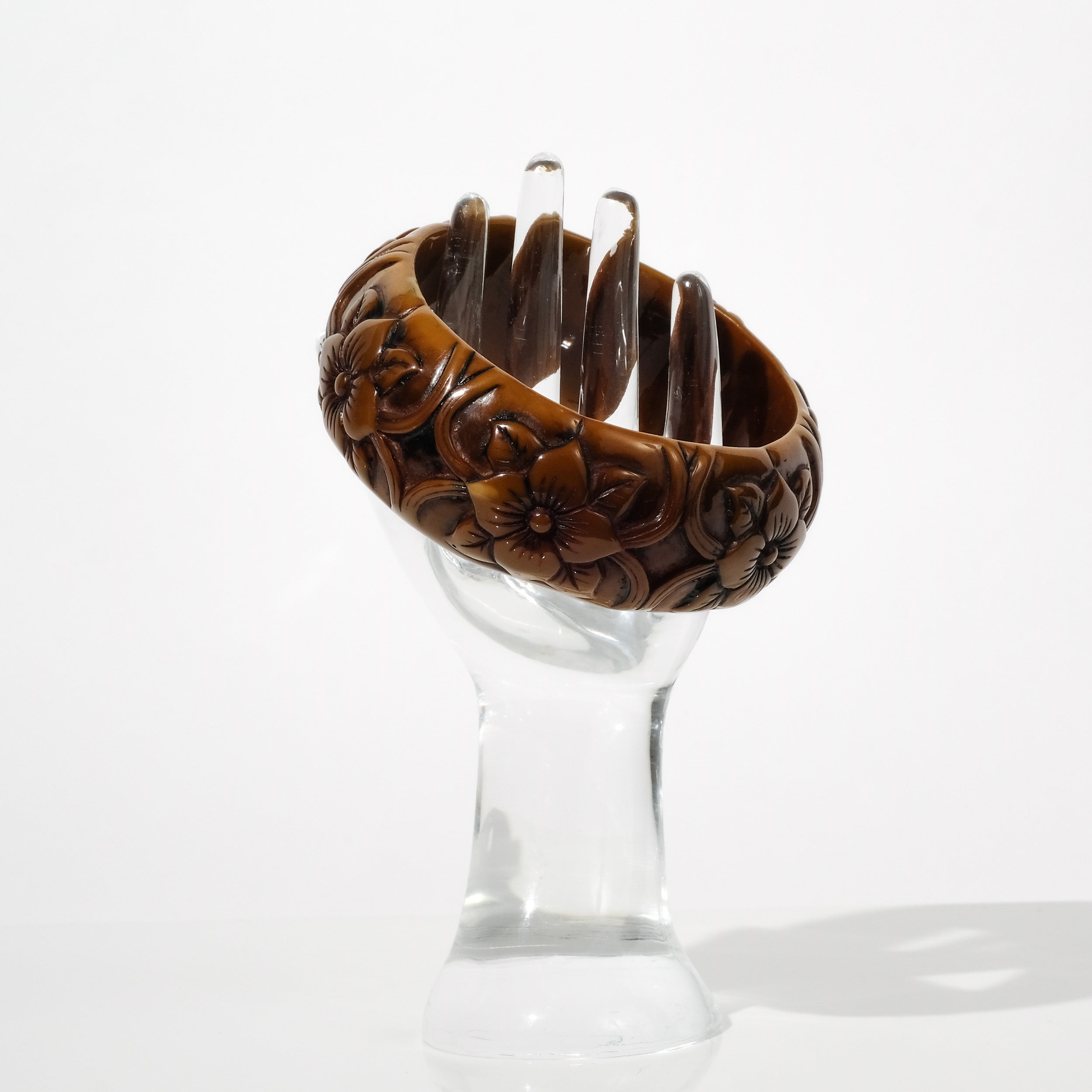 Vintage Carved Floral Bakelite Bangle Bracelet — Olive Taupe | circa 1940s–1950s