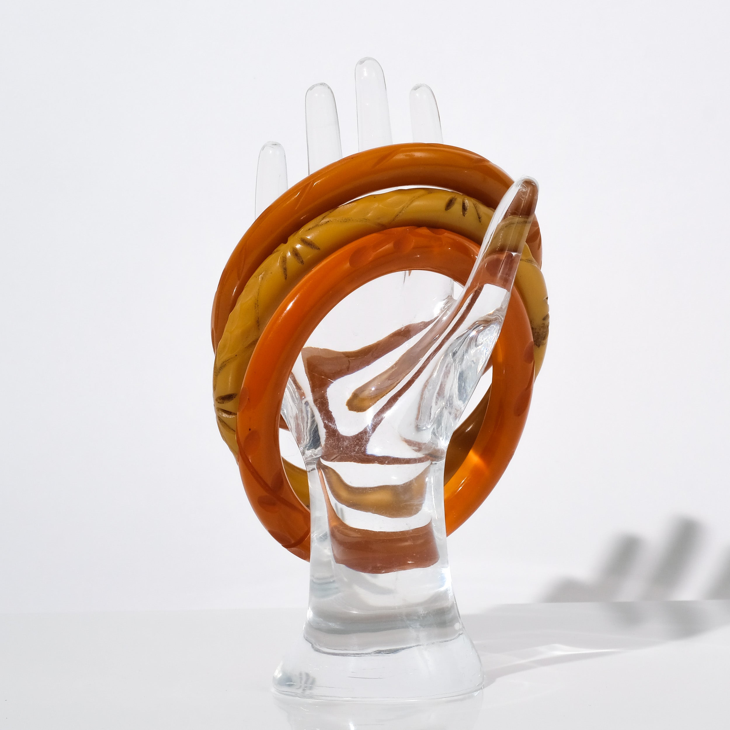 Vintage Bakelite Stacking Bangle Set of 3 — Butterscotch, Orange & Taupe | circa 1940s–1950s