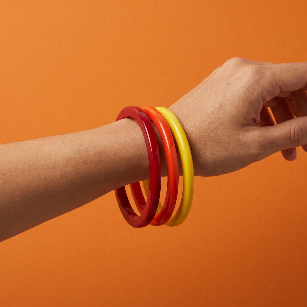 Vintage Bakelite Bangle Bracelet Set of 3 — Red, Orange & Yellow | circa 1940s–1950s