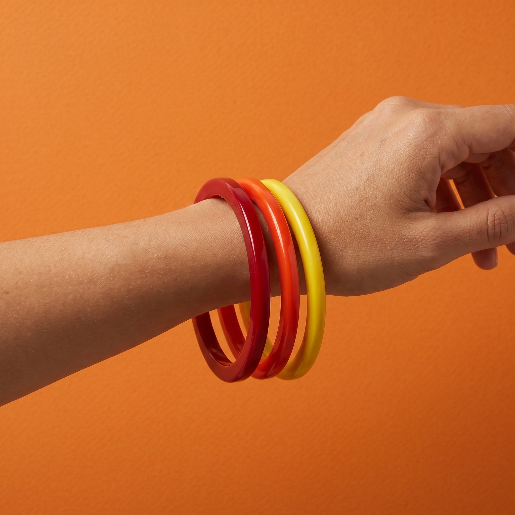 Vintage Bakelite Bangle Bracelet Set of 3 — Red, Orange & Yellow | circa 1940s–1950s