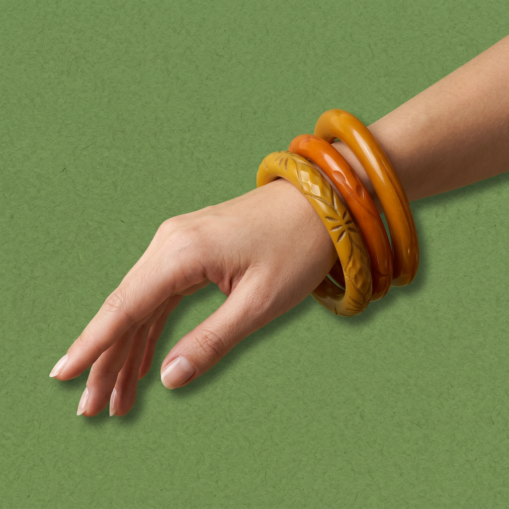 Vintage Bakelite Stacking Bangle Set of 3 — Butterscotch, Orange & Taupe | circa 1940s–1950s